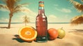 Bottle with fruit water or alcohol in the sand of the beach. Vacation scene with lemonade bottle on the shore line Royalty Free Stock Photo