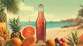 Bottle with fruit water or alcohol in the sand of the beach. Vacation scene with lemonade bottle on the shore line Royalty Free Stock Photo