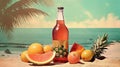 Bottle with fruit water or alcohol in the sand of the beach. Vacation scene with lemonade bottle on the shore line Royalty Free Stock Photo