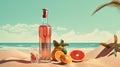 Bottle with fruit water or alcohol in the sand of the beach. Vacation scene with lemonade bottle on the shore line Royalty Free Stock Photo