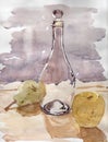 Bottle and fruit watercolor