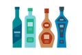 Bottle of gin, vodka, balsam, schnapps in row. Icon bottle with cap and label. Great design for any purposes. Flat style. Color Royalty Free Stock Photo