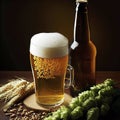 Bottle and Glass beer with Brewing ingredients. Hop flower with wheat Royalty Free Stock Photo