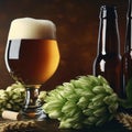 Bottle and Glass beer with Brewing ingredients. Hop flower with wheat Royalty Free Stock Photo