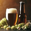 Bottle and Glass beer with Brewing ingredients. Hop flower with wheat Royalty Free Stock Photo