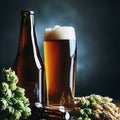 Bottle and Glass beer with Brewing ingredients. Hop flower with wheat