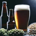 Bottle and Glass beer with Brewing ingredients. Hop flower with wheat Royalty Free Stock Photo