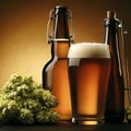 Bottle and Glass beer with Brewing ingredients. Hop flower with wheat Royalty Free Stock Photo