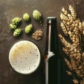 Bottle and Glass beer with Brewing ingredients. Hop flower with wheat. Top view. Copy space. Still life. Flat lay Royalty Free Stock Photo