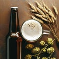 Bottle and Glass beer with Brewing ingredients. Hop flower with wheat. Top view. Copy space. Still life. Flat lay Royalty Free Stock Photo