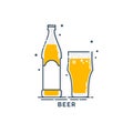 Bottle and glass beer line art in flat style. Restaurant alcoholic illustration for celebration design. Design contour element.