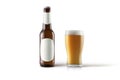 Bottle and glass of beer mockup isolated on white background.