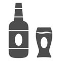 Bottle and glass of beer solid icon, Oktoberfest concept, beer sign on white background, Bottle and mug icon in glyph
