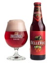 Bottle and glass of Belgian Bellevue Kriek fruit beer Royalty Free Stock Photo