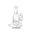 Bottle and glass champagne in hand drawn style. Restaurant illustration for celebration design. Retro sketch. Line art. Design