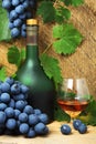 Bottle, glass of cognac and bunch of grapes Royalty Free Stock Photo