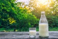 Bottle and glass of cold milk on the wooden table. Fresh dairy products. Nature background.