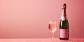 Bottle and glass of delicious rose wine on pink background. Space for text