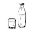 Bottle and glass hand drawn black and white vector illustration