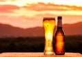 Bottle and Glass of light beer on sunset Royalty Free Stock Photo