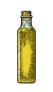 Bottle glass of liquid with cork stopper. Olive oil. Hand