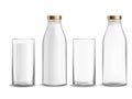 Bottle and glass milk. Milky realistic bottles glasses empty and full dairy beverage product. Cup with yogurt or kefir