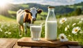 Bottle and Glass of Milk on a Wooden Table and Cow Grazing on Meadow - Generative Ai Royalty Free Stock Photo