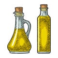 Bottle glass olive oil with cork stopper. Vector color vintage engraving Royalty Free Stock Photo