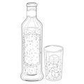 A bottle and a glass of ouzo drink. Vector black and white coloring page