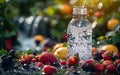 Bottle and glass of pouring crystal water against blurred nature flower landscape background Royalty Free Stock Photo