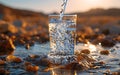 Bottle and glass of pouring crystal water against blurred nature flower landscape background Royalty Free Stock Photo