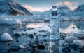 Bottle and glass of pouring crystal water against blurred nature flower landscape background Royalty Free Stock Photo