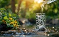 Bottle and glass of pouring crystal water against blurred nature flower landscape background Royalty Free Stock Photo