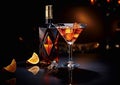 Bottle and glass of red dry martini drink with ice cubes and orange on dark bar lounge background.Macro.AI Generative Royalty Free Stock Photo