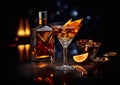 Bottle and glass of red dry martini drink with ice cubes and orange on dark bar lounge background.Macro.AI Generative Royalty Free Stock Photo