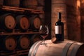 Bottle and glass of red wine on background of wooden oak barrels in cellar of winery, vault. AI generated Royalty Free Stock Photo