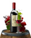 Bottle, glass of red wine and bunch of grapes  on a wooden barrel. 3D vector. High detailed realistic illustration Royalty Free Stock Photo