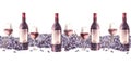 A bottle, glass of red wine with bunches of grapes Seamless border Watercolour painted illustration Royalty Free Stock Photo