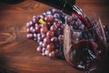 Bottle and glass of red wine, grape and cork Royalty Free Stock Photo