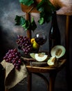 Bottle and glass of red wine, grape and cork on chair. Melon, piece of melon. Pink grape, pear. Still life of food. Dark Royalty Free Stock Photo