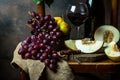 Bottle and glass of red wine, grape and cork on chair. Melon, piece of melon. Pink grape, pear. Still life of food. Dark