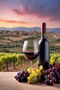 Bottle and glass of red wine and grapes on the table against the backdrop of a summer landscape Royalty Free Stock Photo