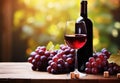 Bottle and glass of red wine next to a bunch of grapes with a blurred background Royalty Free Stock Photo