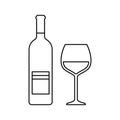 Bottle and glass of red wine. Outline icons of alcohol beverage. Vector illustration Royalty Free Stock Photo