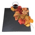 Bottle and glass of red wine on a slate with vine leaves in autumn colors Royalty Free Stock Photo