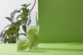 Bottle and glass with refreshing drink made of sliced cucumbers and plant on grey