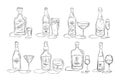 Bottle and glass rum, beer, vermouth, champagne, martini, whiskey, liquor, wine together in hand drawn style. Beverage outline