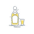 Bottle and glass tequila line art in flat style. Restaurant alcoholic illustration for celebration design. Design contour element Royalty Free Stock Photo