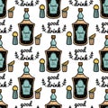 Bottle and glass of tequila seamless vector pattern. Good Mexican drink, shot with lemon slice and salt. Alcohol from Royalty Free Stock Photo