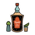 Bottle and glass of tequila vector icon. Mexican drink, shot with lime slice and salt. Alcohol from the blue agave Royalty Free Stock Photo